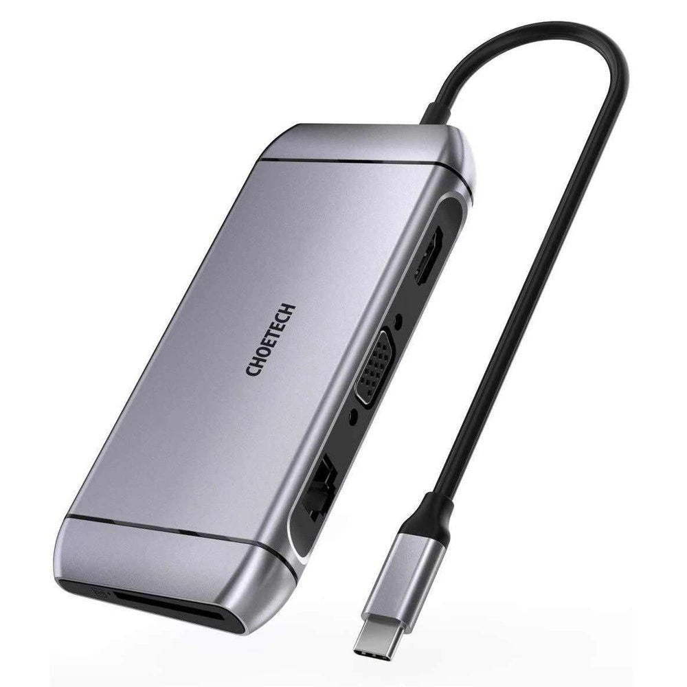 Choetech 9in1 multifunktionel USB Type C HUB - 3x USB 3.2 Gen 1 / SD og TF hukommelseskortlæser / HDMI 4K 30Hz / VGA Full HD 60Hz / USB Type C / RJ45 grå (HUB-M15 grå)