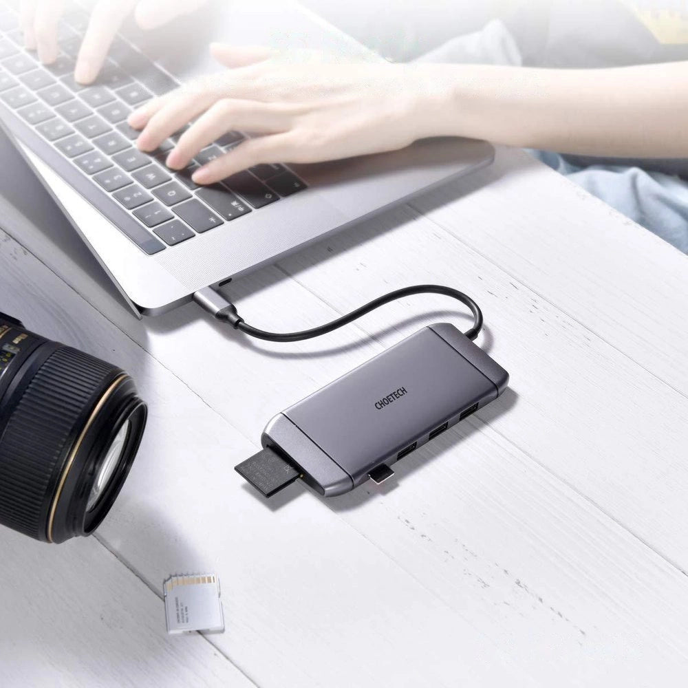 Choetech 9in1 multifunktionel USB Type C HUB - 3x USB 3.2 Gen 1 / SD og TF hukommelseskortlæser / HDMI 4K 30Hz / VGA Full HD 60Hz / USB Type C / RJ45 grå (HUB-M15 grå)