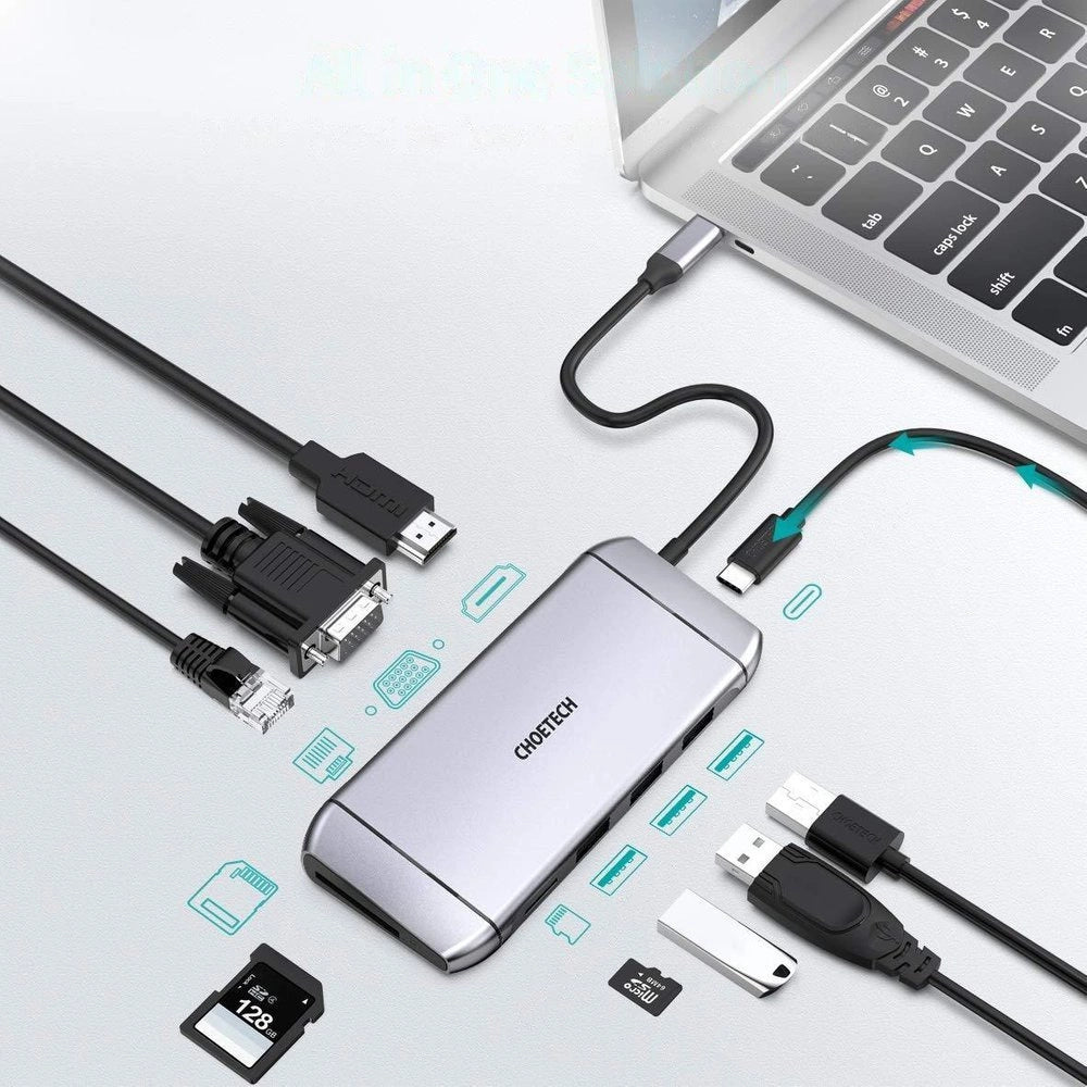Choetech 9in1 multifunktionel USB Type C HUB - 3x USB 3.2 Gen 1 / SD og TF hukommelseskortlæser / HDMI 4K 30Hz / VGA Full HD 60Hz / USB Type C / RJ45 grå (HUB-M15 grå)