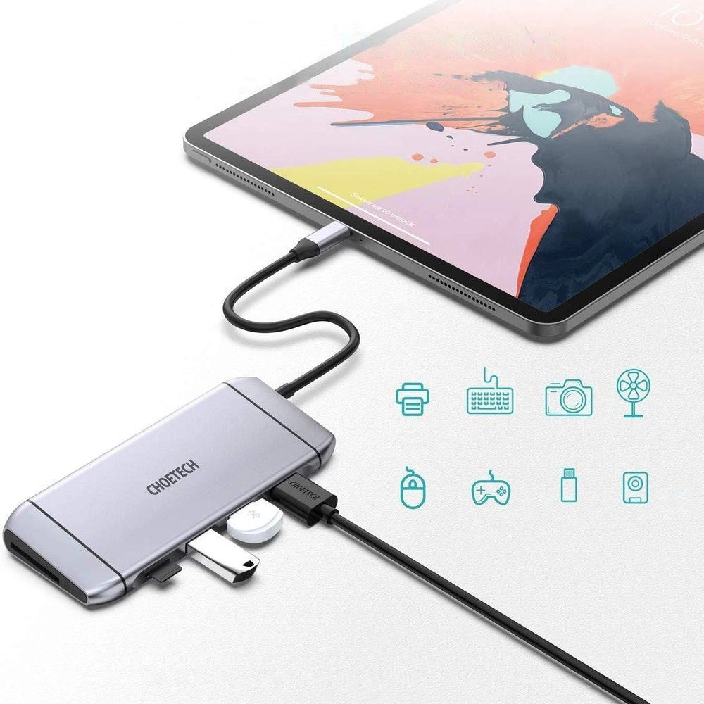 Choetech 9in1 multifunktionel USB Type C HUB - 3x USB 3.2 Gen 1 / SD og TF hukommelseskortlæser / HDMI 4K 30Hz / VGA Full HD 60Hz / USB Type C / RJ45 grå (HUB-M15 grå)