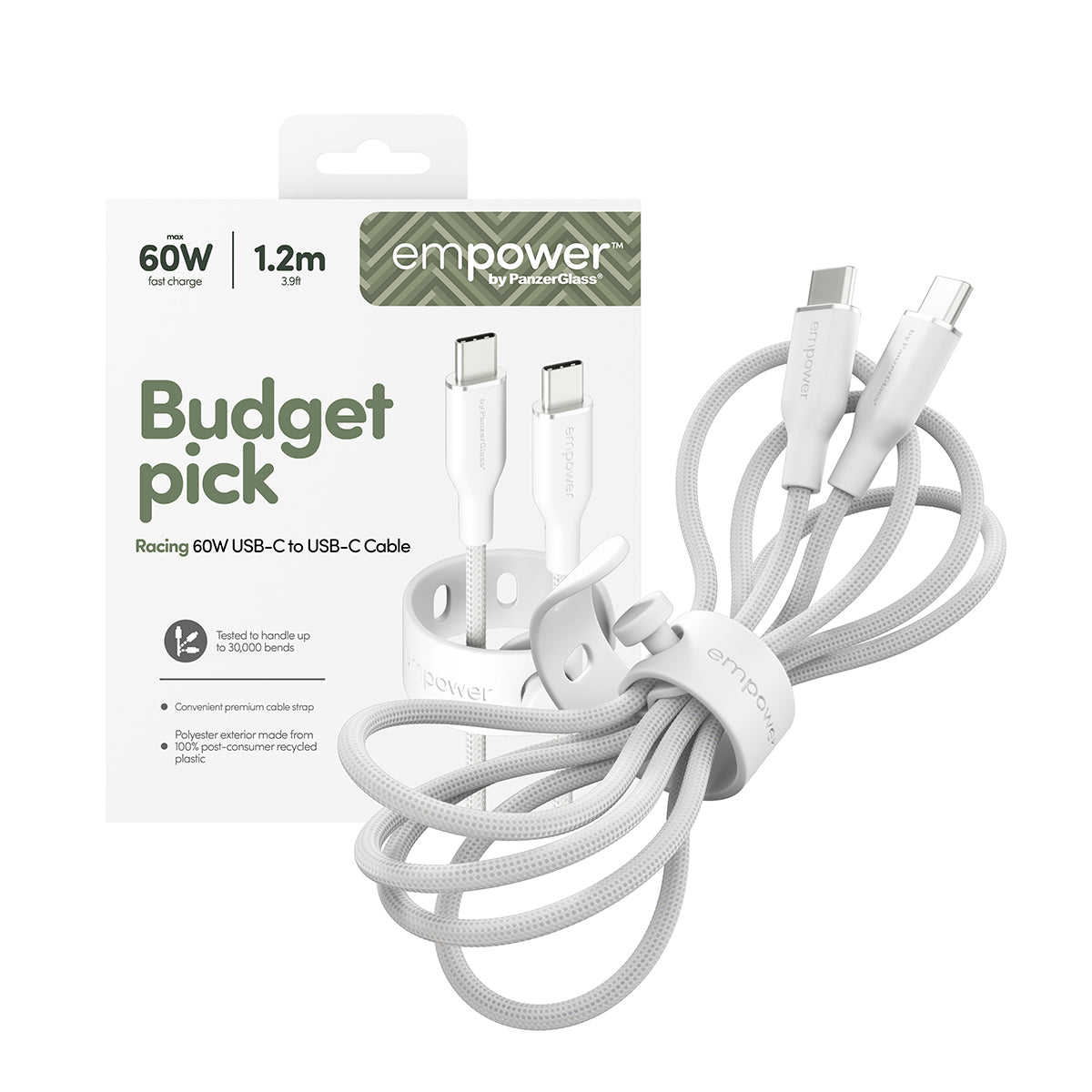 PanzerGlass empower by ® Racing 60W USB-C to USB-C Kabel | USB 2.0 | 1.2M | Silver White