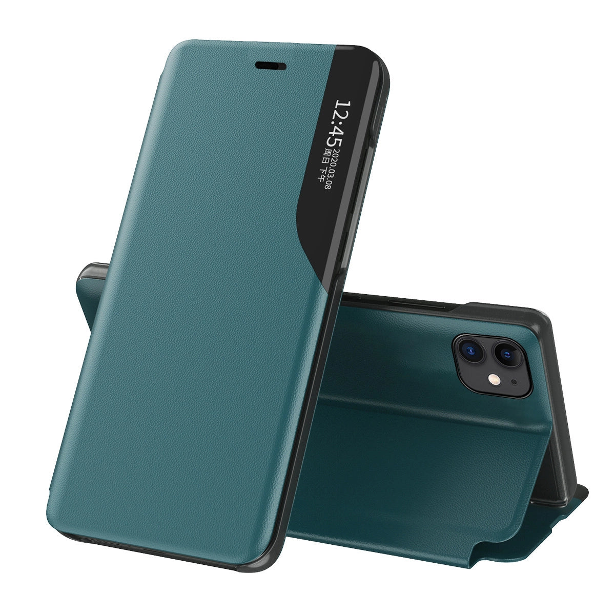 Eco Leather View Case elegant bogreol type sag med kickstand til iPhone 13 Pro grøn