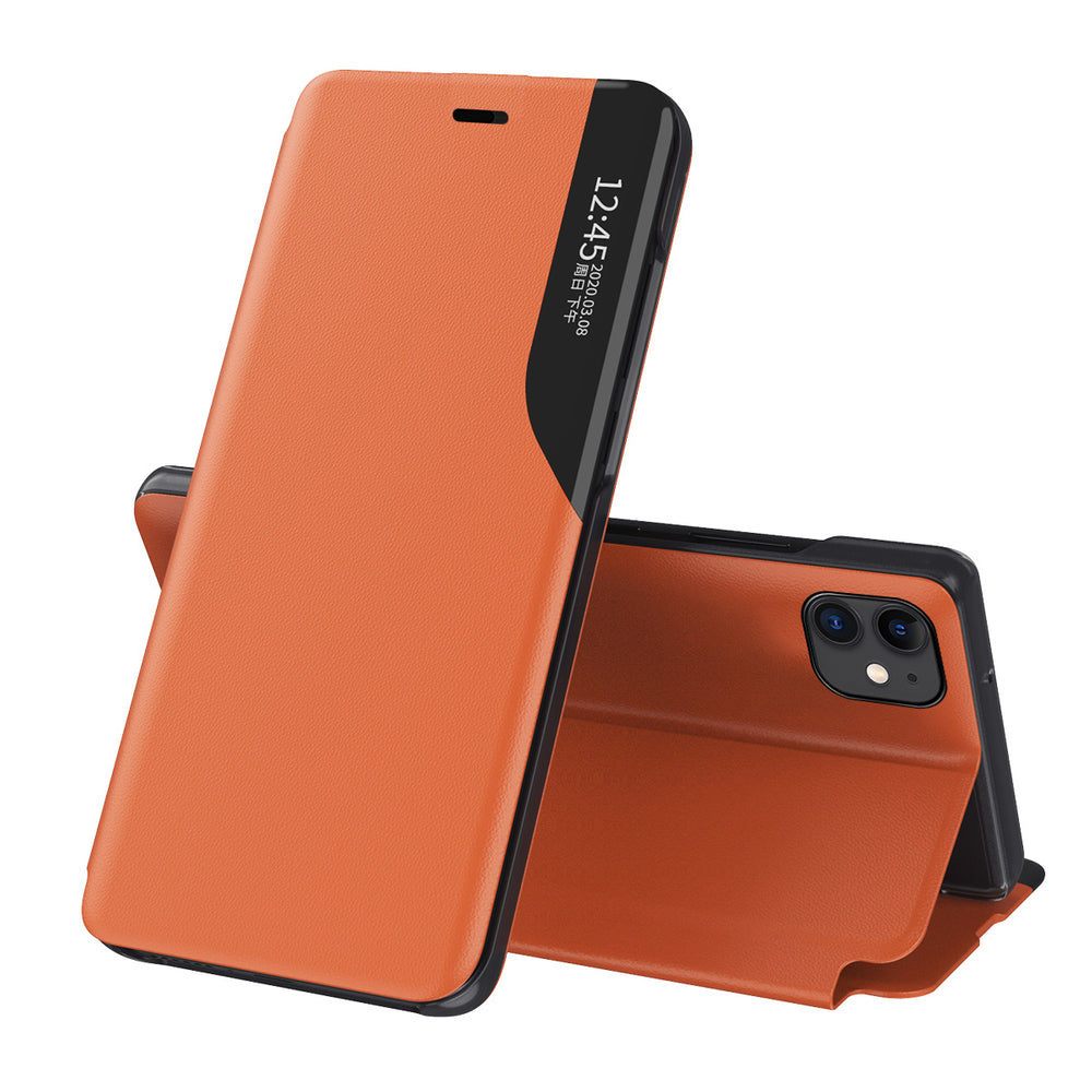 Eco Leather View Case elegant bogreol type case med kickstand til iPhone 13 mini orange
