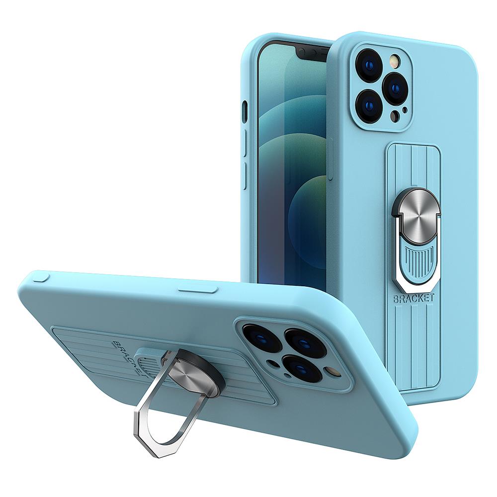 Ring Case silikonhylster med fingerhåndtag og stativ til iPhone 13 Pro lysblå
