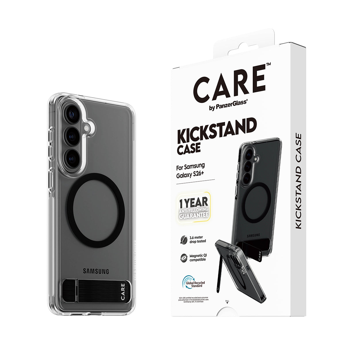 CARE by PanzerGlass Case Transparent w. Black Kickstand & Qi Samsung Galaxy S26+