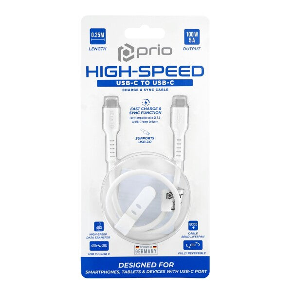 prio USB C til USB C-kabel med høj hastighedsopladning og synkronisering 5A 0,25 m hvid