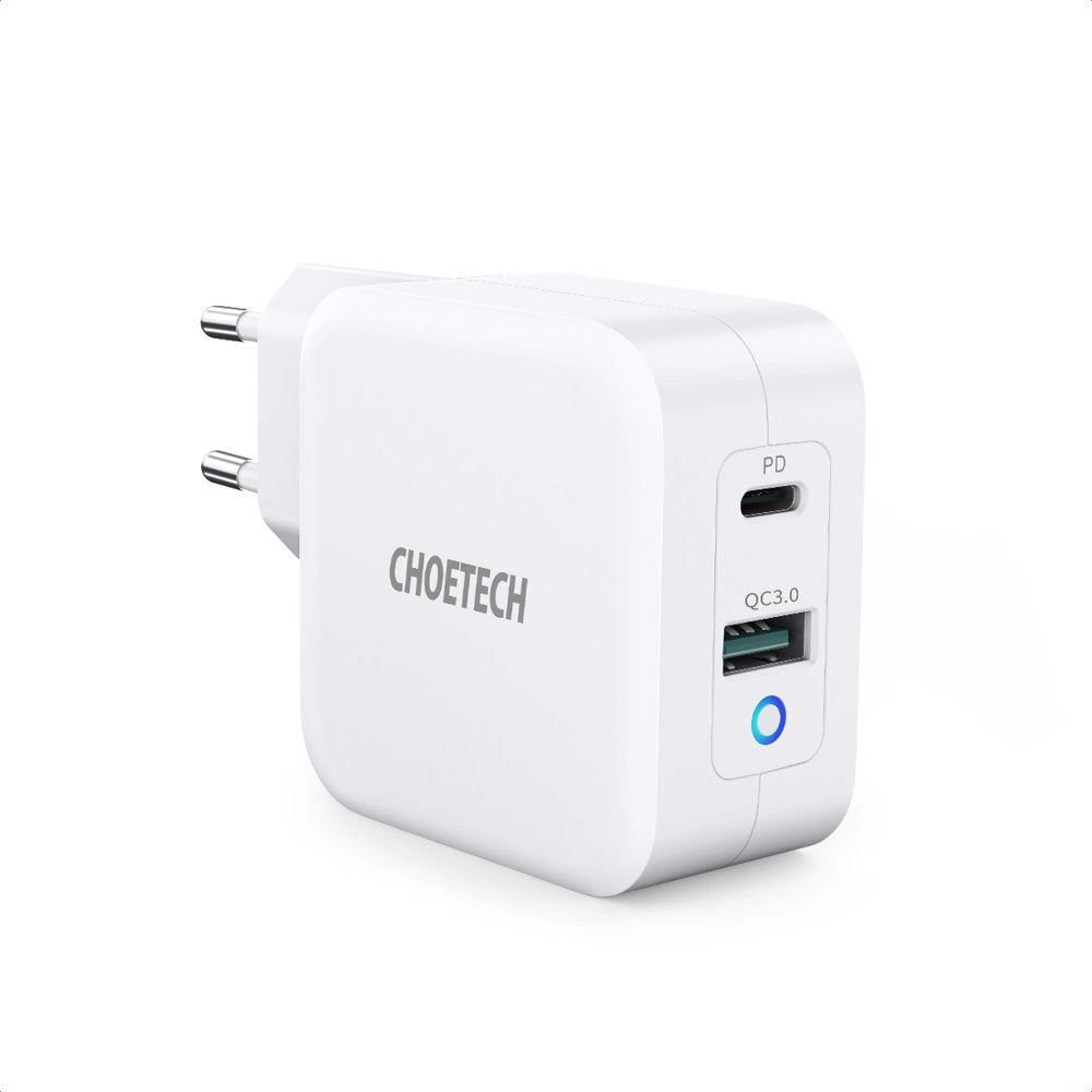 Choetech hurtig GaN vægoplader USB Type C PD USB-A QC3.0 65W 3,25A hvid (PD8002)