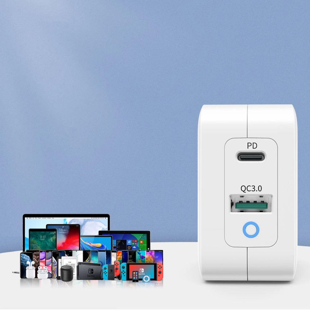 Choetech hurtig GaN vægoplader USB Type C PD USB-A QC3.0 65W 3,25A hvid (PD8002)