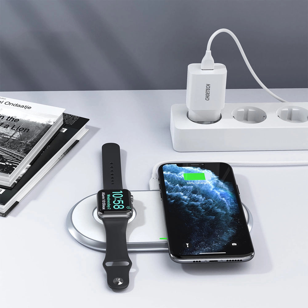 Choetech Qi 2in1 trådløs oplader til smartphones / Apple Watch med stand (MFI) USB Type C hvid (T317)