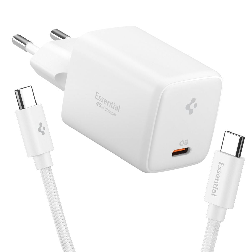 Spigen Ee451 Eu Gan Essential 1 Port Netværksopladder 45 W + Usb C Kabel Hvid