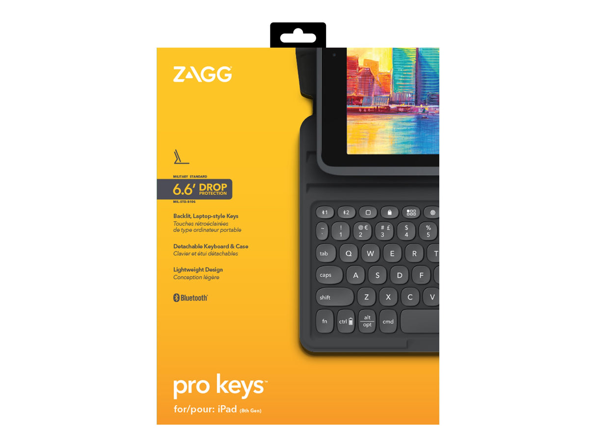 ZAGG Pro Keys - Tastatur og folio-etui - baggrundsbelyst - Bluetooth - Nordisk - sort/gråt tastatur, sort/gråt etui - til Apple 10,2-tommer iPad (7. generation, 8. generation, 9. generation)