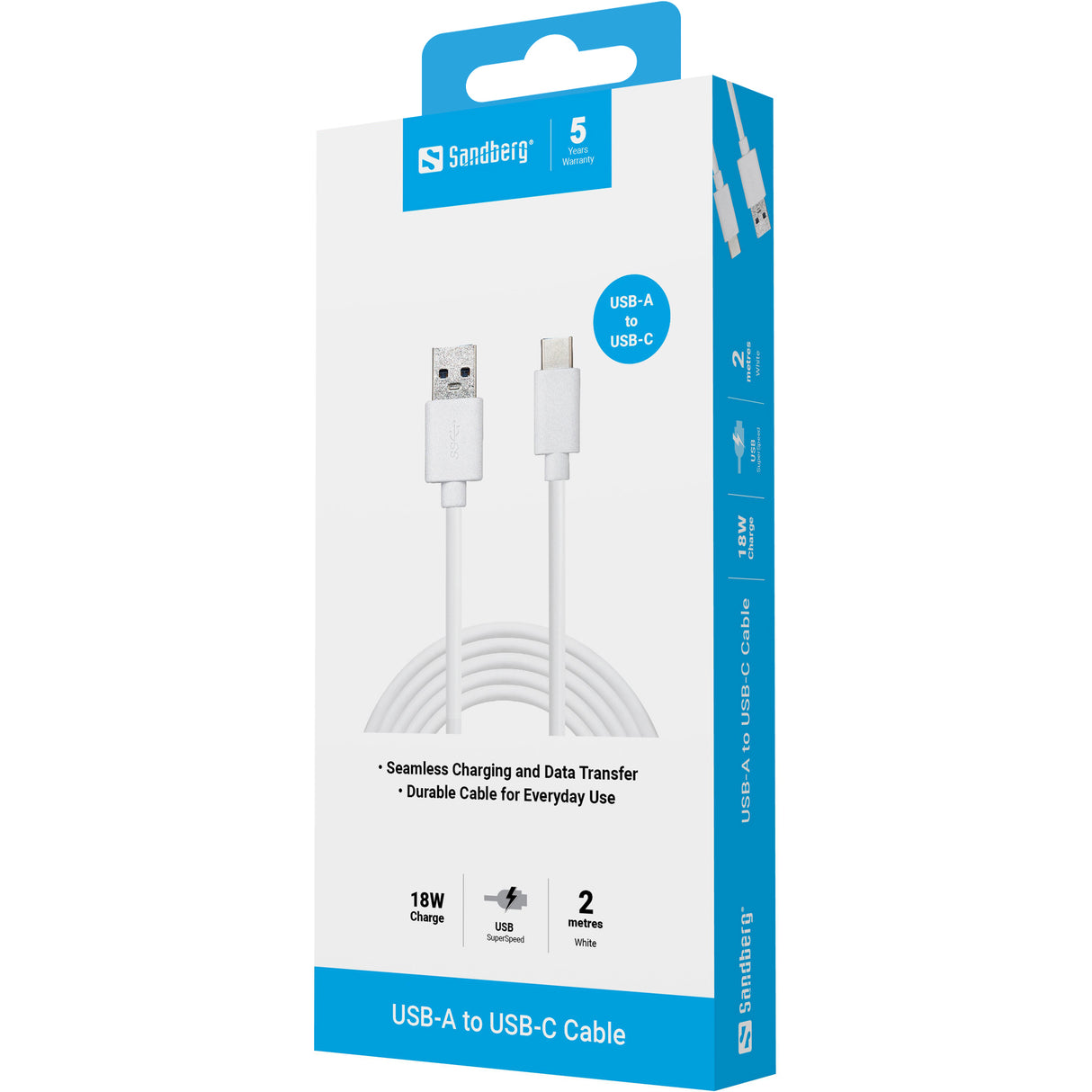 USB-C to USB-A 3.0 Cable, White (2m)