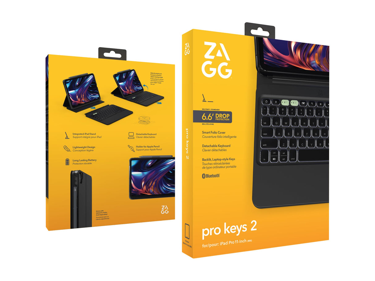 ZAGG Pro Keys 2 - Tastatur og folio-etui (folio-cover) - baggrundsbelyst - trådløs - Bluetooth - QWERTY - Nordisk - til Apple 11-tommer iPad Pro Wi-Fi, Wi-Fi + Cellular