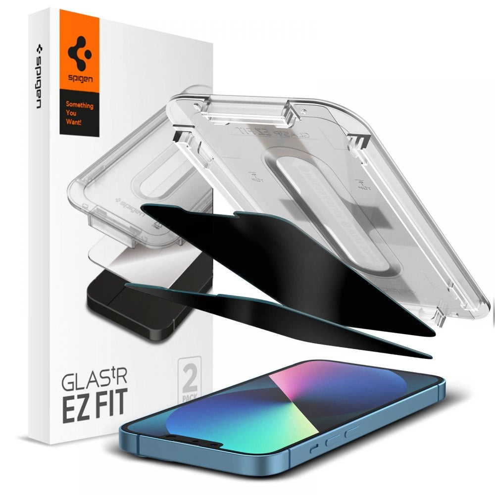 Spigen Glas.tR EZ Fit Privacy Tempered Glass til iPhone 13 / 13 Pro / 14 / 16e - 2 stykker.