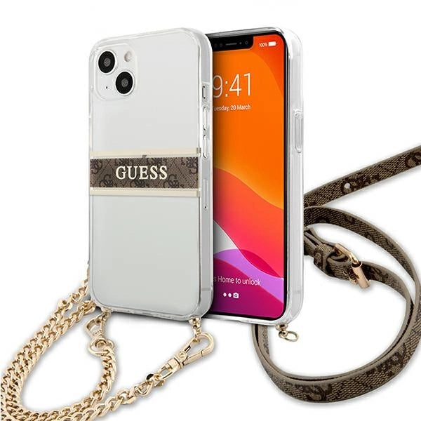 Guess GUHCP13SKC4GBGO iPhone 13 mini 5.4" Gennemsigtig hardcase 4G Brown Strap Gold Chain