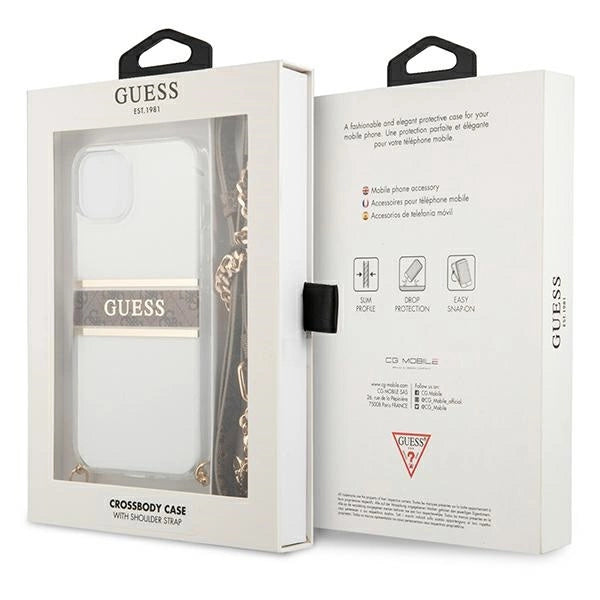 Guess GUHCP13SKC4GBGO iPhone 13 mini 5.4" Gennemsigtig hardcase 4G Brown Strap Gold Chain
