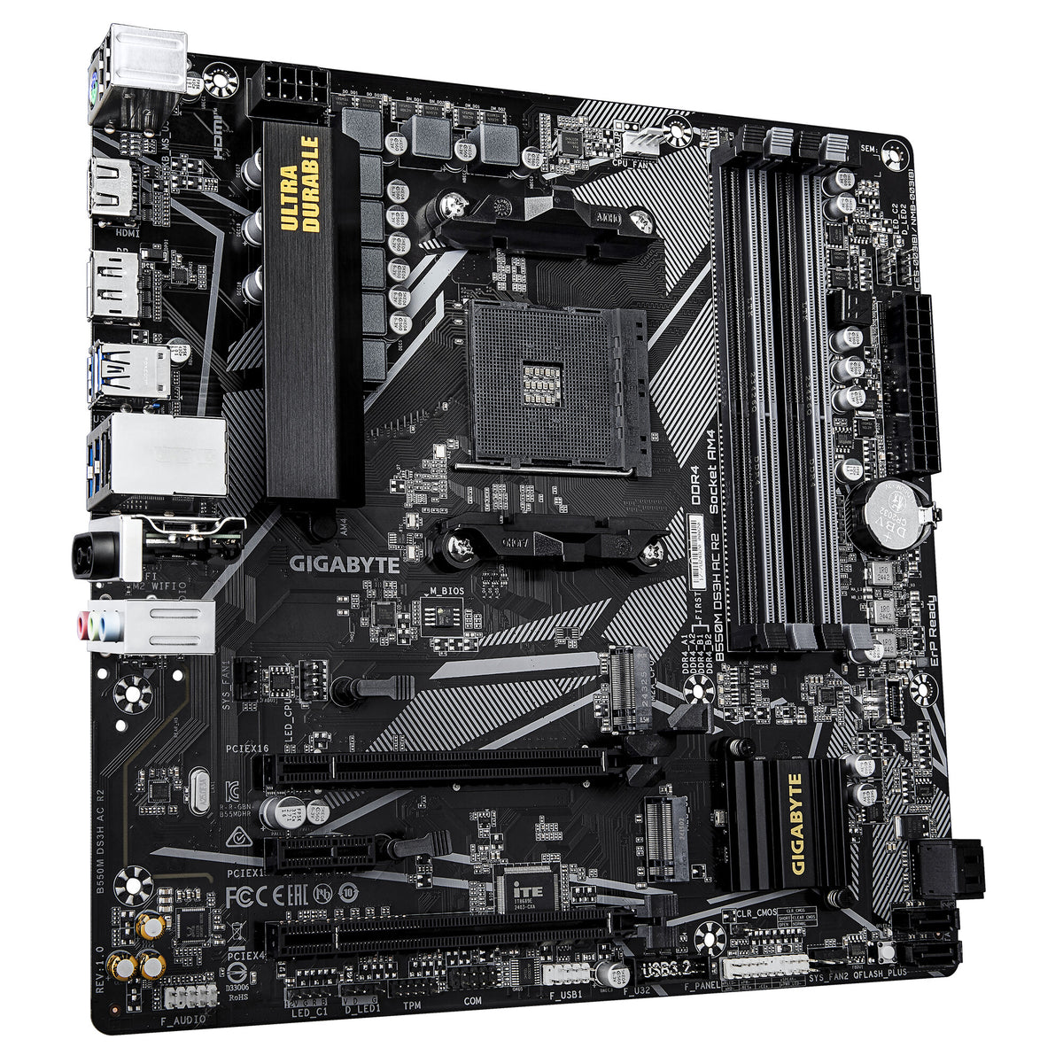 GIGABYTE B550M DS3H AC R2 Motherboard - AMD Ryzen 5000 CPUs, 5+3 Phases VRM, up to 4733MHz DDR4 (O.C.), 1xPCIe 4.0 + 1xPCIe 3.0 M.2, Wi-Fi 5, 1GbE LAN, USB 3.2 Gen 1