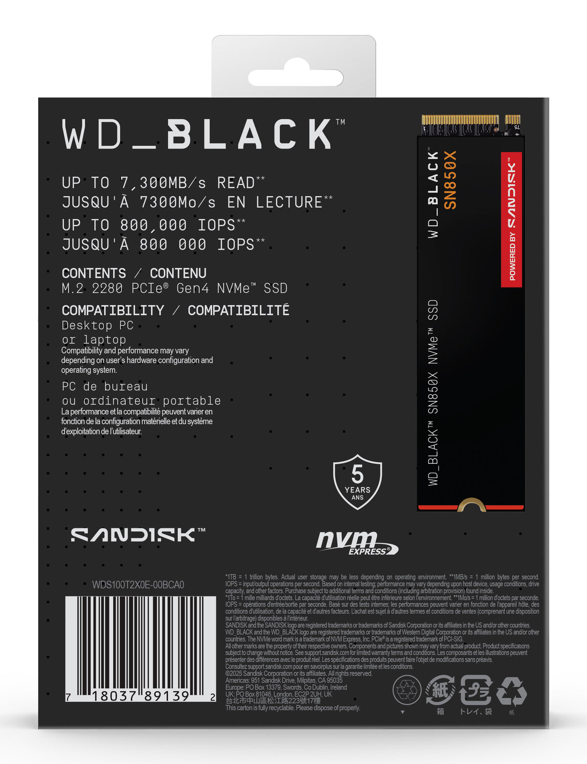 WD_BLACK SN850X NVMe SSD Solid state-drev WDS100T2X0E 1TB M.2 PCI Express 4.0 x4 (NVMe)