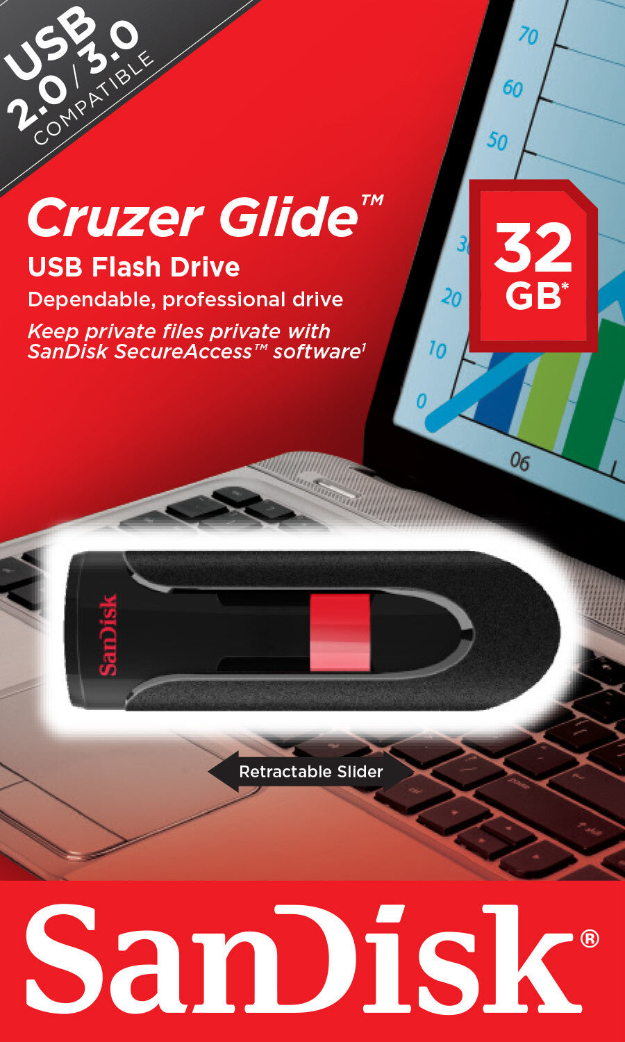SanDisk Cruzer Glide 32GB USB 2.0 USB stick Sort Rød