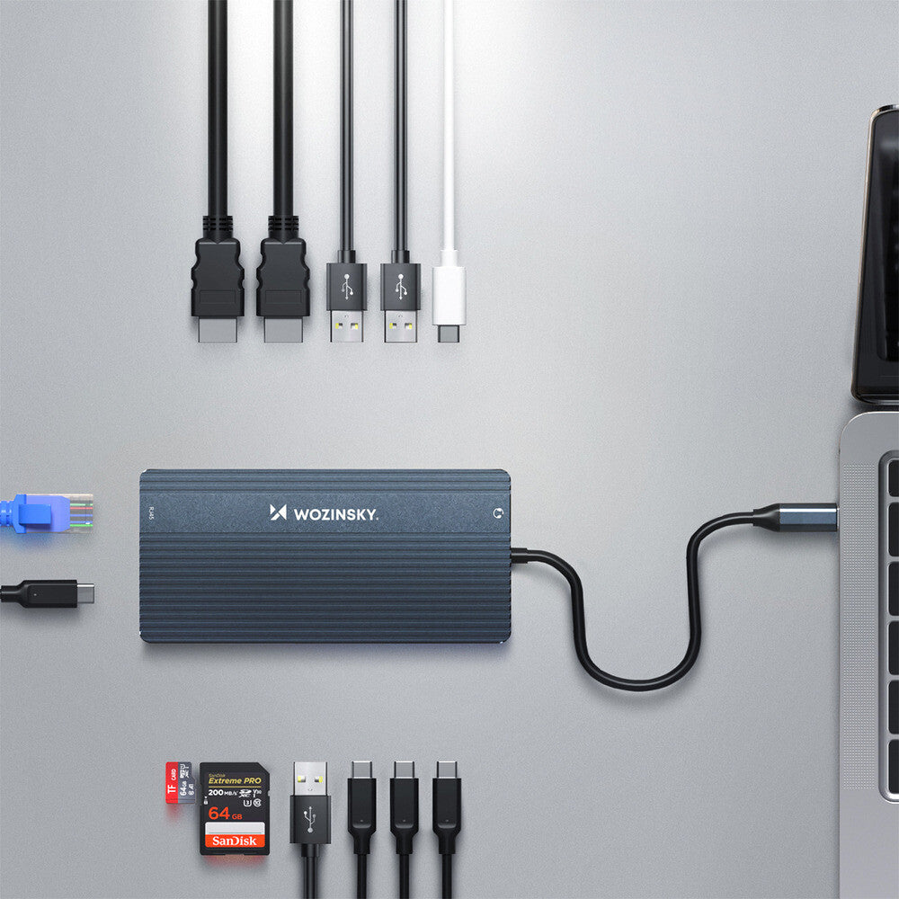 USB-C Hub 14 i 1 Wozinsky WDS03Y5S Multifunktionel, Aluminium, til 3 Skærme, med 15 cm Kabel - Grå