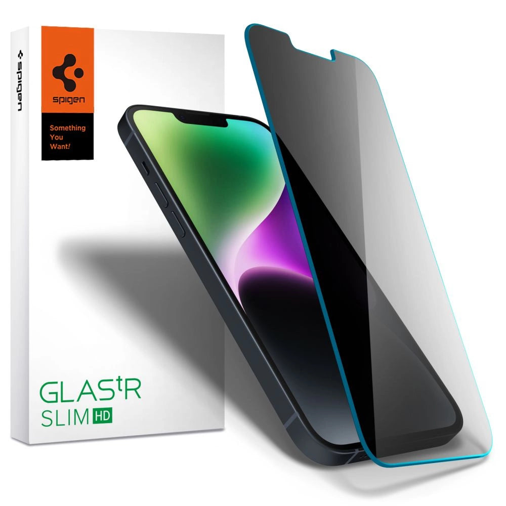 Spigen Glas.tR Slim Privacy tempereret glas til iPhone 13 / 13 Pro / 14 / 16e