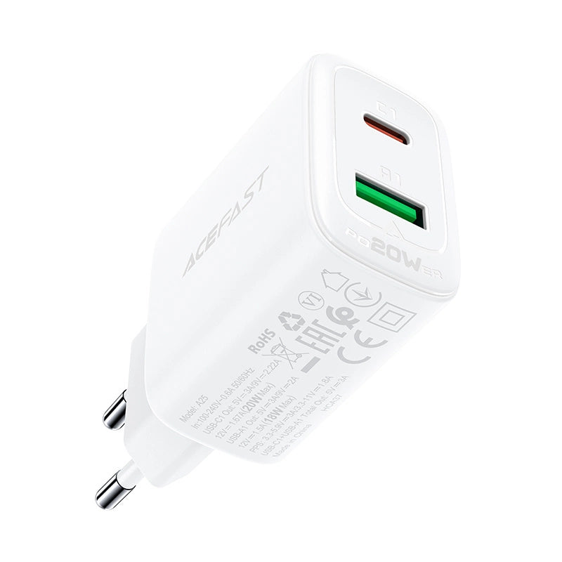 Acefast vægoplader USB Type C / USB 20W, PPS, PD, QC 3.0, AFC, FCP hvid (A25 hvid)