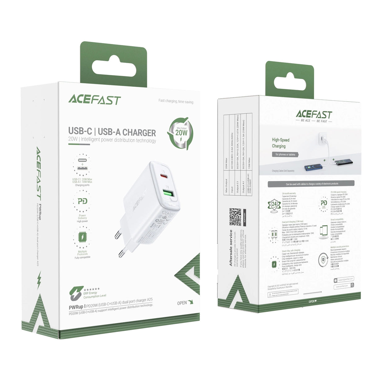 Acefast vægoplader USB Type C / USB 20W, PPS, PD, QC 3.0, AFC, FCP hvid (A25 hvid)