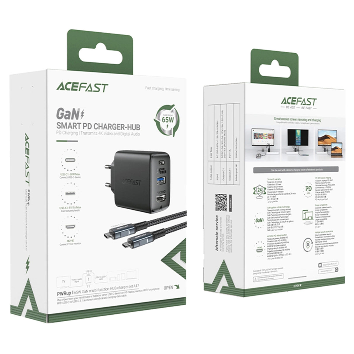 Acefast 2in1 oplader GaN 65W USB Type C / USB, adapter adapter HDMI 4K @ 60Hz (set med kabel) hvid (A17 hvid)