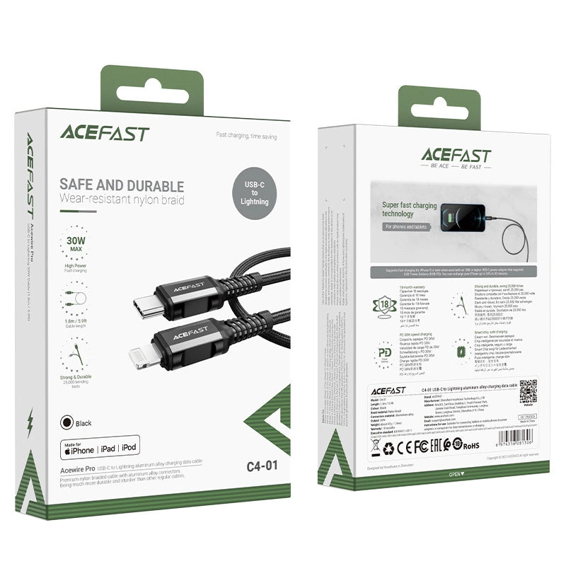 Acefast C4-01 Lightning - USB-C PD-kabel 30W 3A 480Mb/s 1,8m - sort