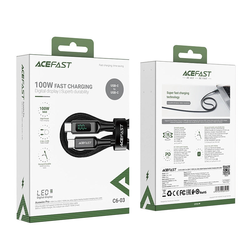 Acefast C6-03 sort USB-C - USB-C PD QC kabel 100W 5A 480Mb/s 2m - sort