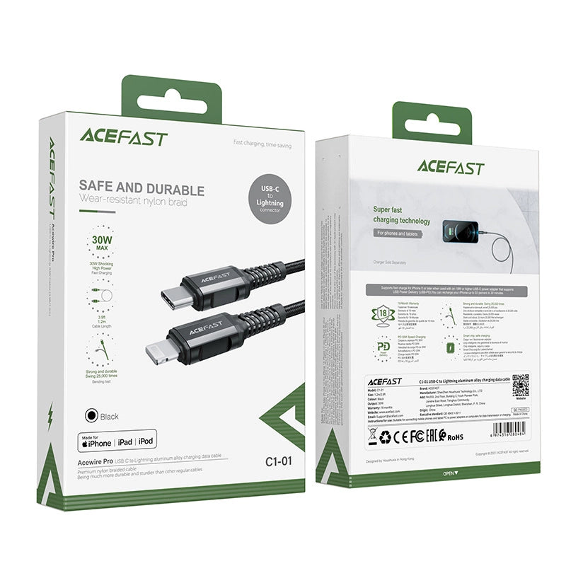 Acefast C1-01 Lightning - USB-C MFi PD kabel 30W 3A 480Mb/s 1,2m - sort