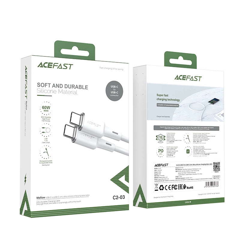 Acefast C2-03-CC USB-C - USB-C PD QC kabel 60W 3A 480Mb/s 1,2m - hvid