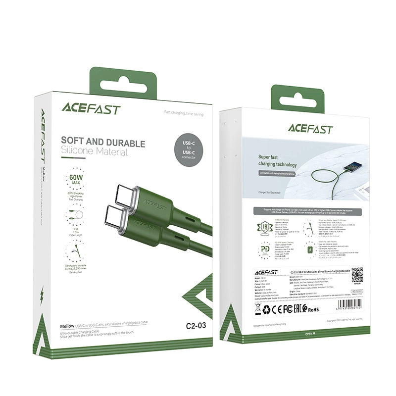 Acefast C2-03-CC USB-C - USB-C PD QC kabel 60W 3A 480Mb/s 1,2m - grøn