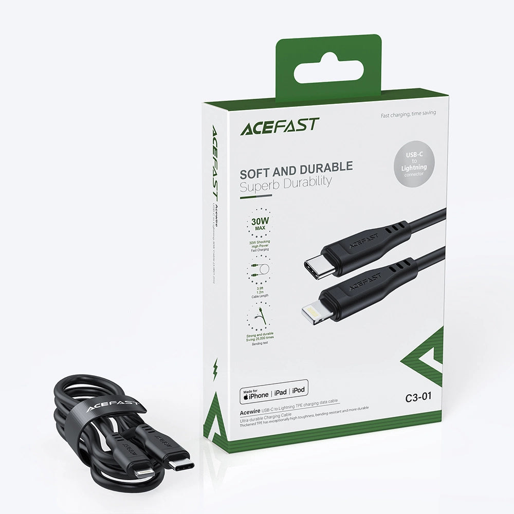 Acefast C3-01 Lightning - USB-C PD-kabel 30W 3A 480Mb/s 1,2m - hvid
