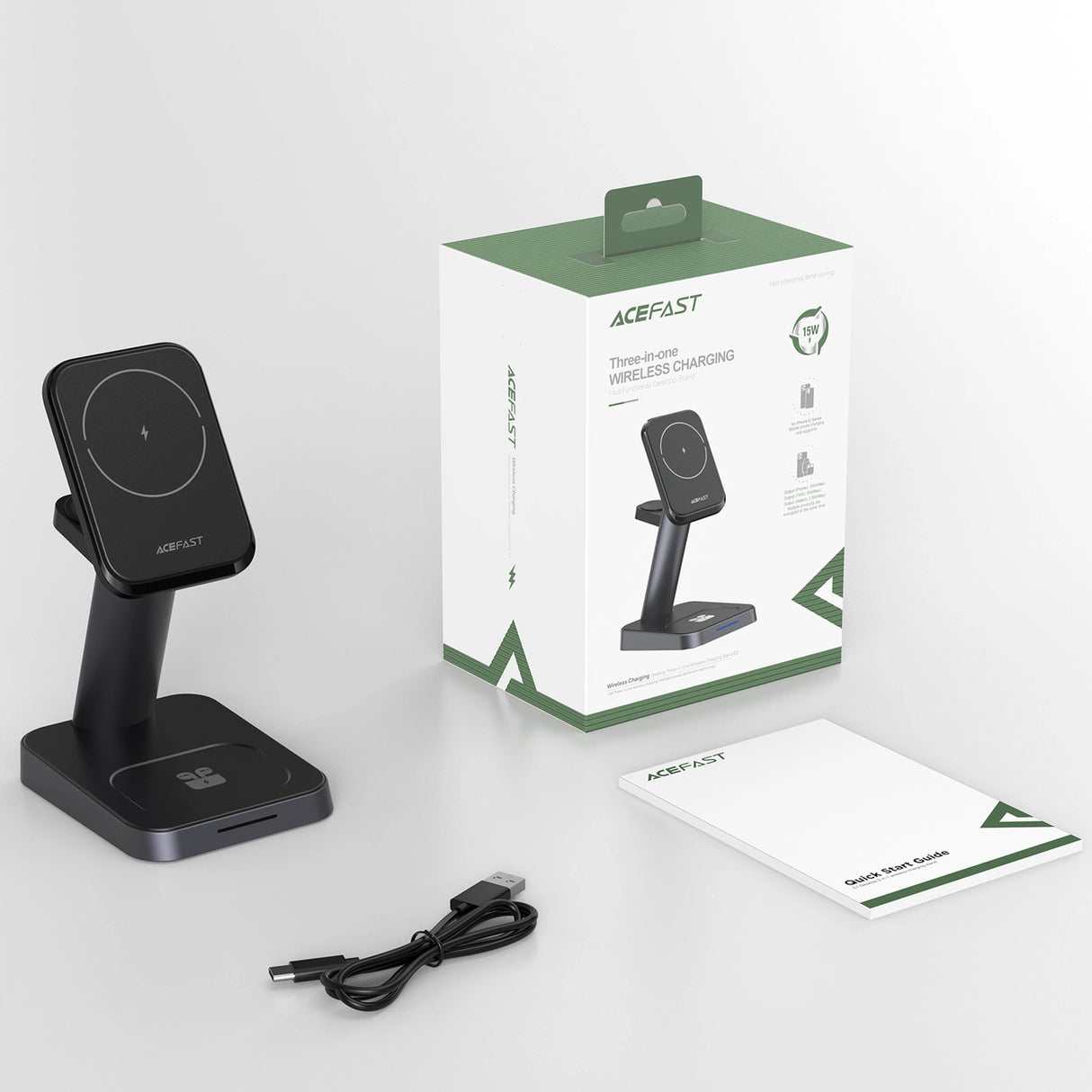 Acefast Qi trådløs oplader 15W til iPhone (med MagSafe), Apple Watch og Apple AirPods Standholder Magnetisk Holder sort (E3 sort)