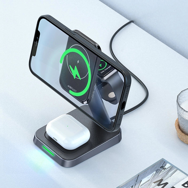 Acefast Qi trådløs oplader 15W til iPhone (med MagSafe), Apple Watch og Apple AirPods Standholder Magnetisk Holder sort (E3 sort)