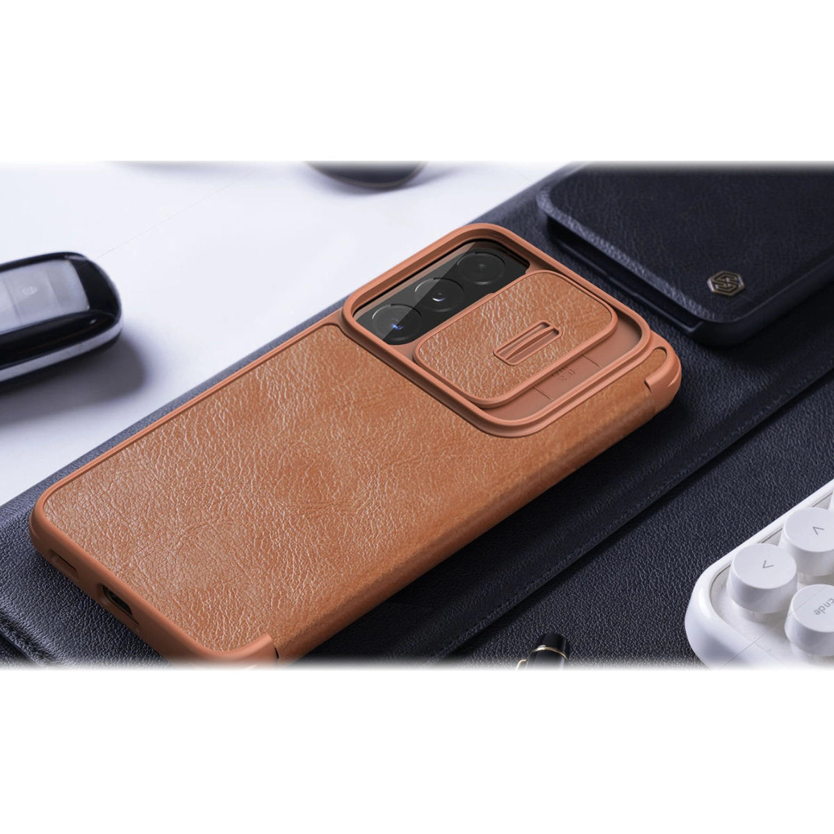 Nillkin Qin læder Pro Case Case for Samsung Galaxy S22 + (S22 Plus) Kamera beskytter Holster Cover Flip Case sort