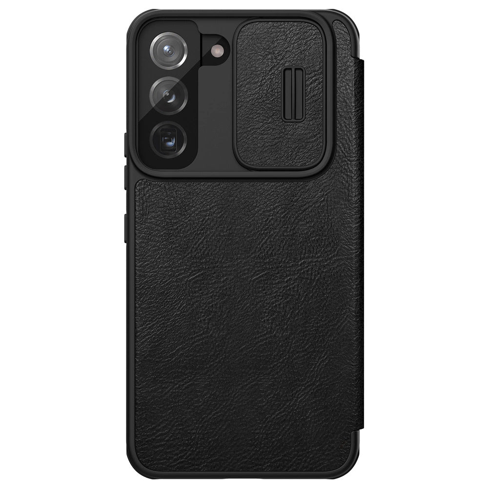 Nillkin Qin læder Pro Case Case for Samsung Galaxy S22 + (S22 Plus) Kamera beskytter Holster Cover Flip Case sort