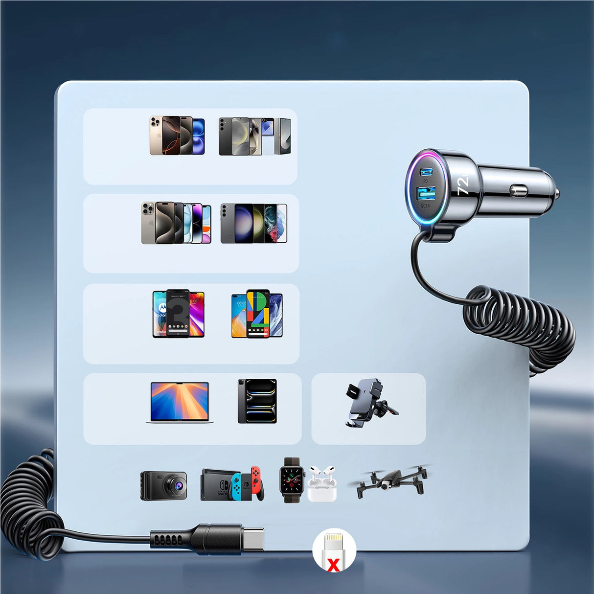 Joyroom JR-CL07 72W 3in1 Biloplader med 1,6m USB-C-kabel Sort