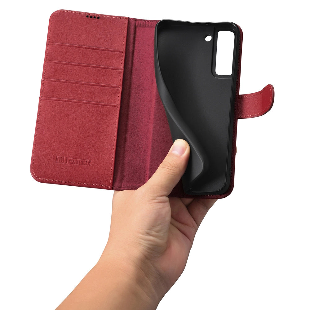 iCarer Haitang Læder Wallet Case Læder Case til Samsung Galaxy S22 + (S22 Plus) Wallet Housing Cover Red (AKSM05RD)