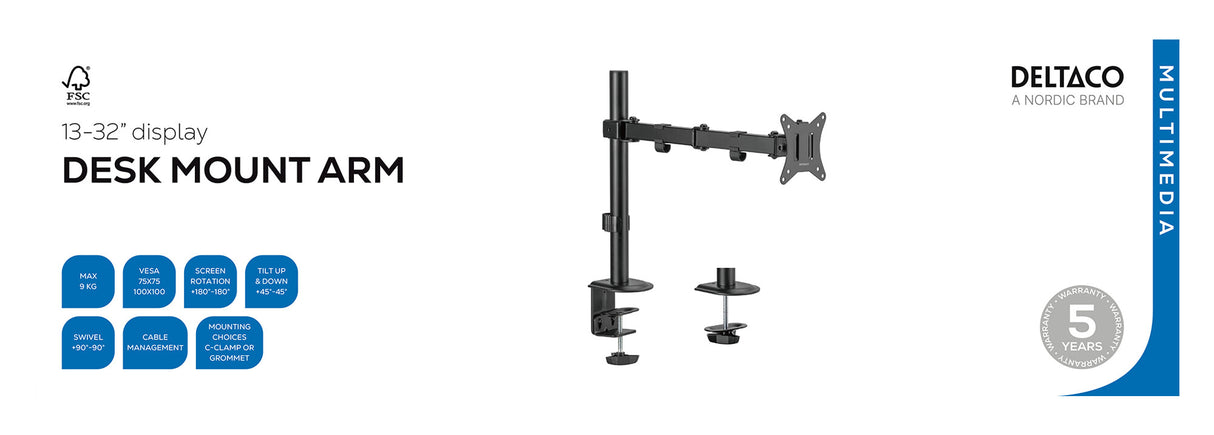 Deltaco Single Desk mount, tilt, swivel, rotate, 13-32" 9 kg