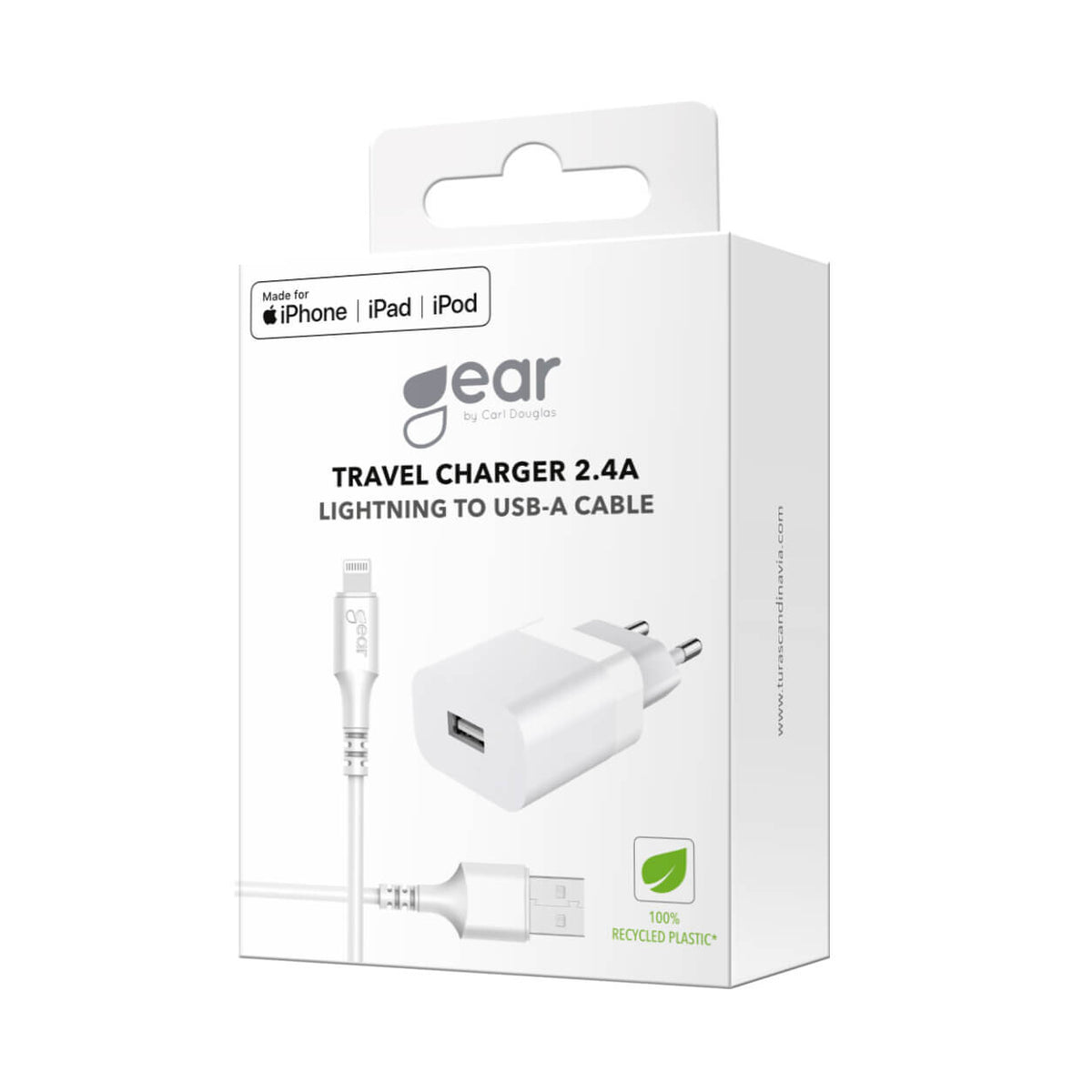 Gear Lader 220V 1xUSB 2,4A Hvid Lightning Kabel 1m MFI C89