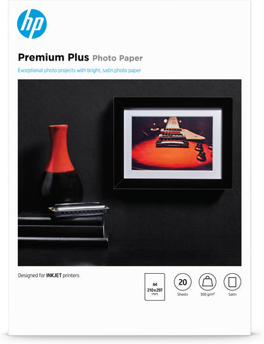 HP Premium Plus-fotopapir, satin, 300 g/m2, A4 (210 x 297 mm), 20 ark
