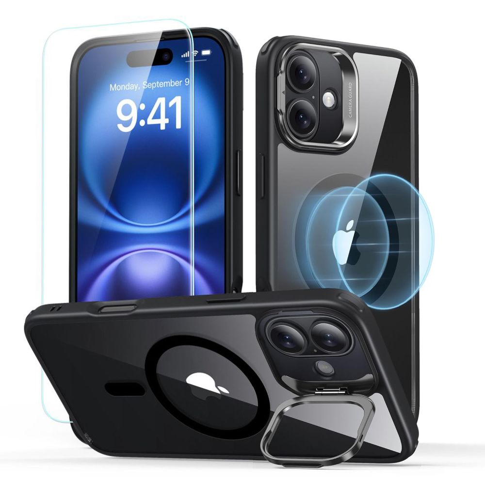 Esr Classic Hybrid Stænder Halolock Magsafe & Hærdet Glas Iphone 16 Plus Klar/Sort