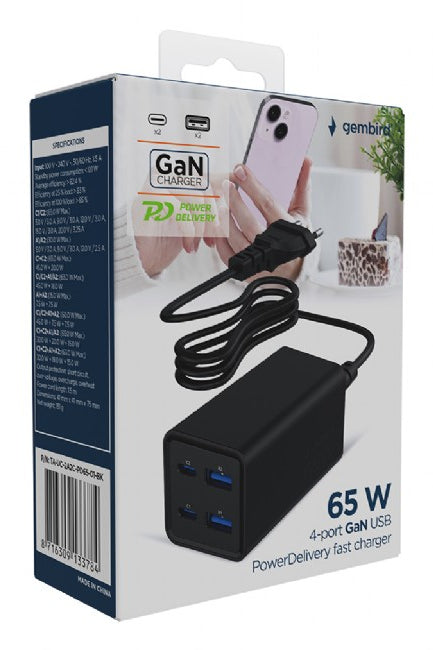 Gembird TA-UC-2A2C-PD65-01-BK oplader til mobil enhed Laptop, Smartphone Sort Vekselstrøm Hurtig opladning Indendørs