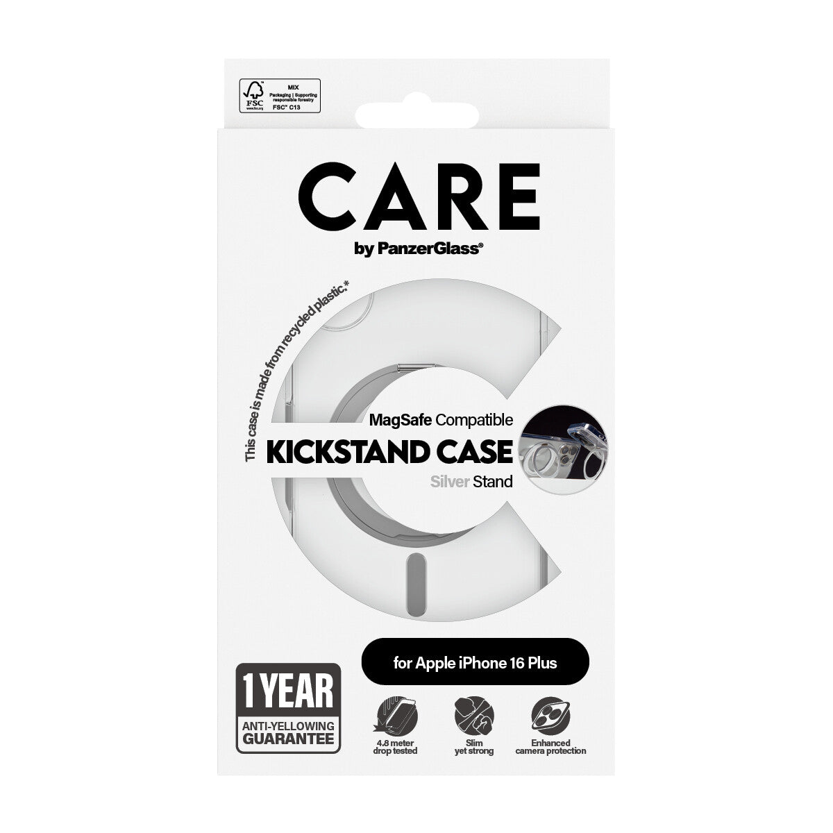 PanzerGlass CARE™ by ® Case Transparent m. Sølv Kickstand & MagSafe iPhone 16 Plus