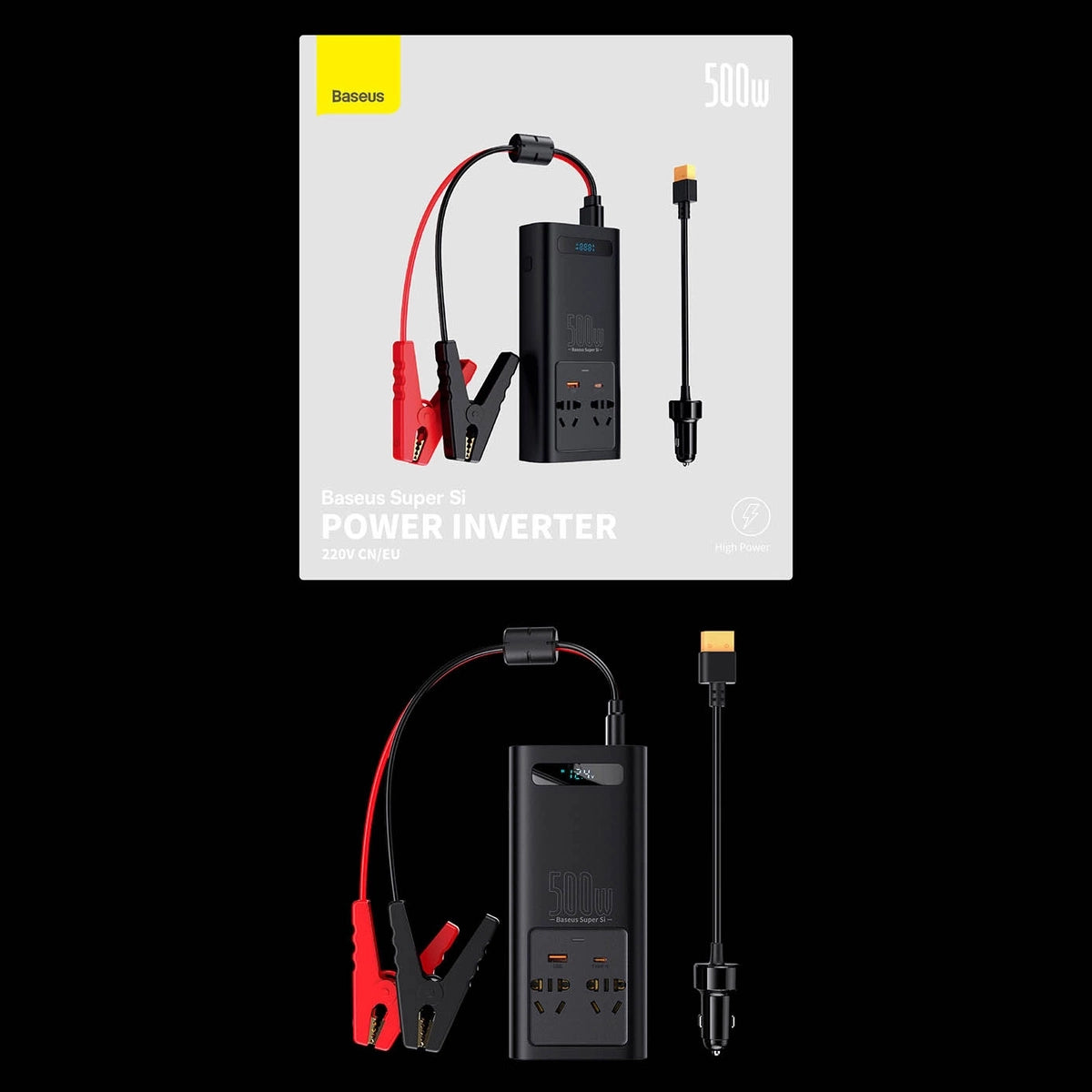 Baseus bilstrømsomformer 150W 12V / 500W 220V (EU- og KN-stik) sort (CGNB000101)