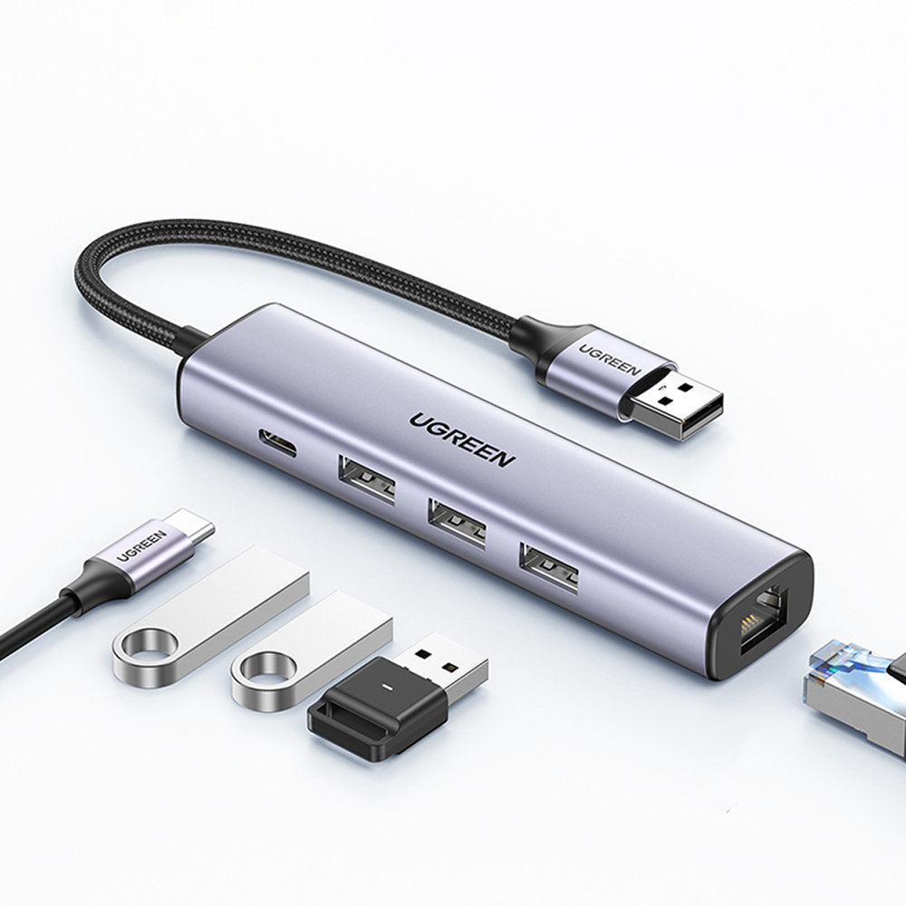 Ugreen multifunktionsadapter HUB USB 3.0 - 3 x USB / Ethernet RJ-45 / USB Type C PD grå (CM475)
