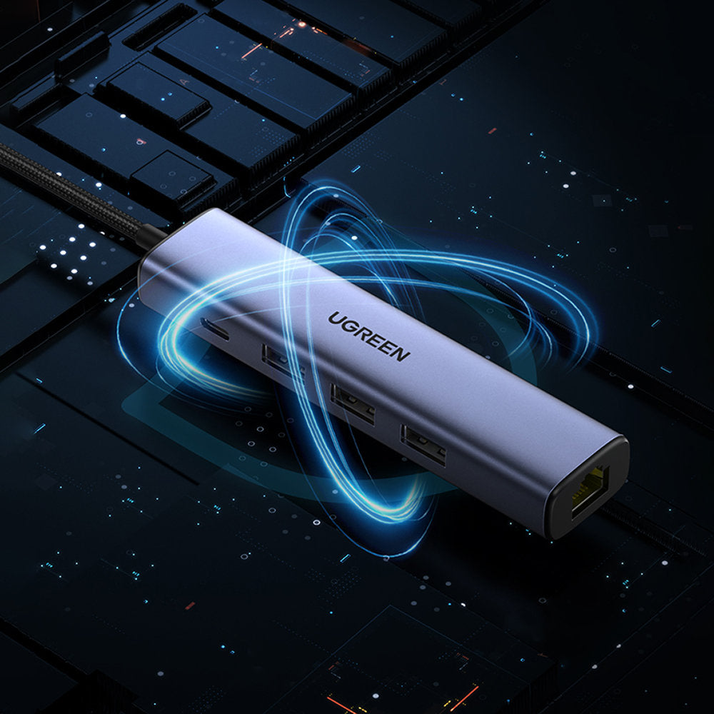 Ugreen multifunktionsadapter HUB USB 3.0 - 3 x USB / Ethernet RJ-45 / USB Type C PD grå (CM475)