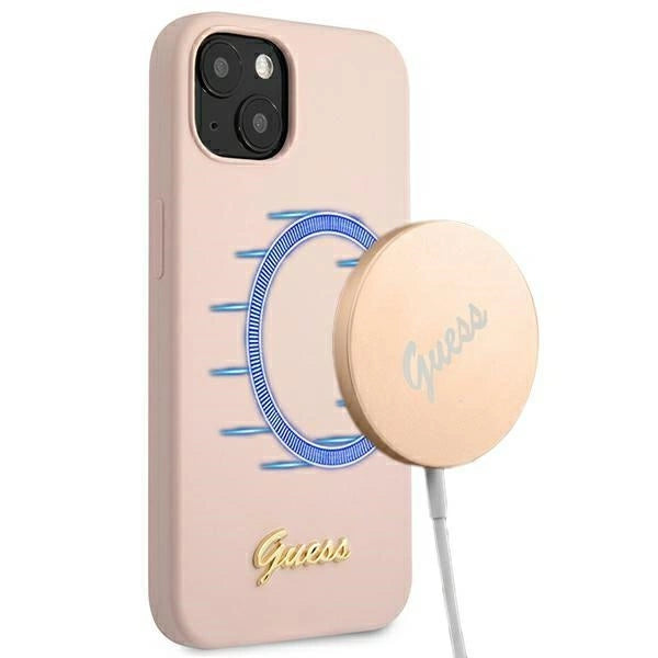 Guess GUHMP13MLSLMGLP iPhone 13 6.1" lyserød/lyserød hardcase Silicone Script Gold Logo Magsafe